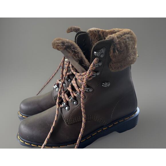 New Dr. Martens 1460 Serena Faux Fur Lined Boots Women's Sz 9 Khaki Grey Atlas - Picture 6 of 13